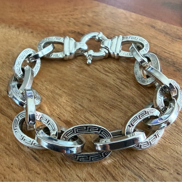 925 Sterling Silver Italy OTC Meander (Greek Key) Pattern Cable Chain Bracelet